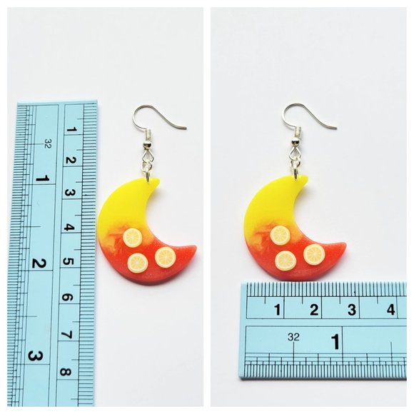 Strawberry Lemonade Earrings Yellow and Pinkish Red Moon Lemon Dangle Earrings - Picture 8 of 10